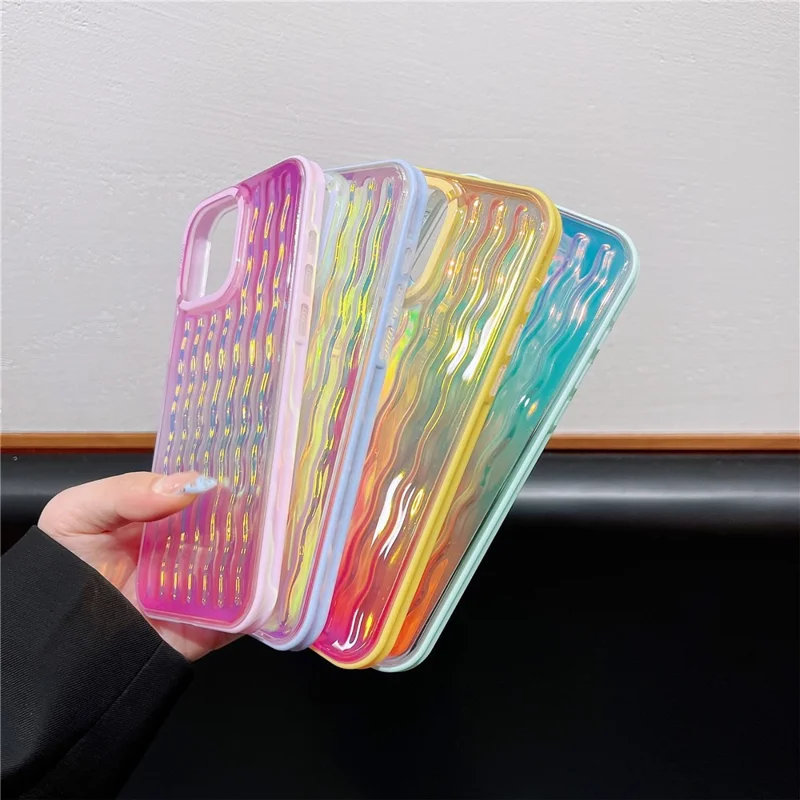 For iPhone 15 Pro Case Wavy Pattern Gradient Iridescent Design TPU + PC Phone Cover - Pink