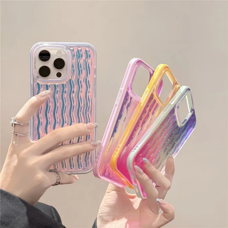 For iPhone 15 Pro Case Wavy Pattern Gradient Iridescent Design TPU + PC Phone Cover - Pink