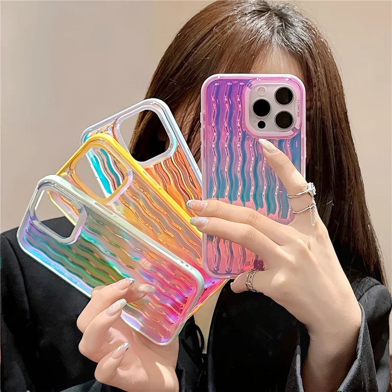 For iPhone 15 Pro Case Wavy Pattern Gradient Iridescent Design TPU + PC Phone Cover - Pink