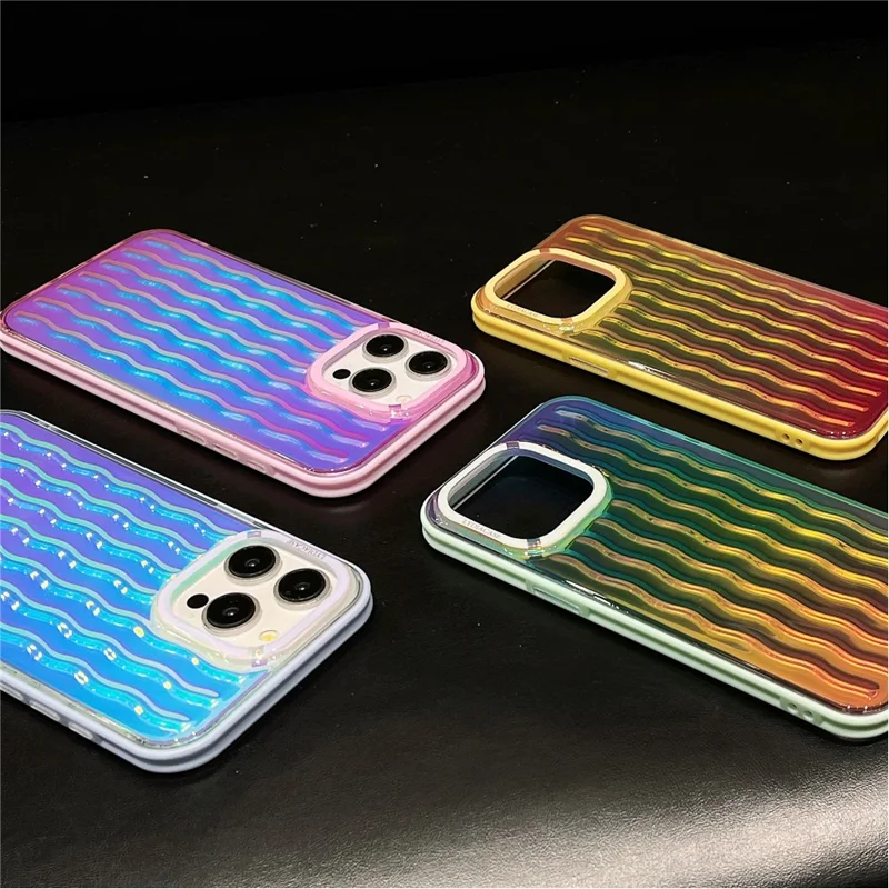 For iPhone 15 Pro Case Wavy Pattern Gradient Iridescent Design TPU + PC Phone Cover - Pink