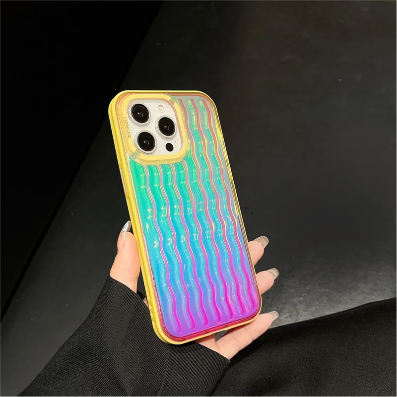 For iPhone 15 Pro Case Wavy Pattern Gradient Iridescent Design TPU + PC Phone Cover - Green