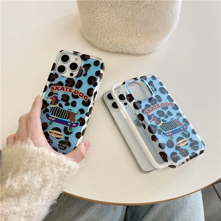 For iPhone 15 Pro Max Case Leopard Print Dachshund Pattern TPU Shockproof Phone Cover