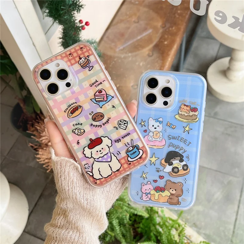 For iPhone 16 Pro Case IMD Cartoon Dog Pattern TPU Shockproof Phone Cover - Blue Plaid