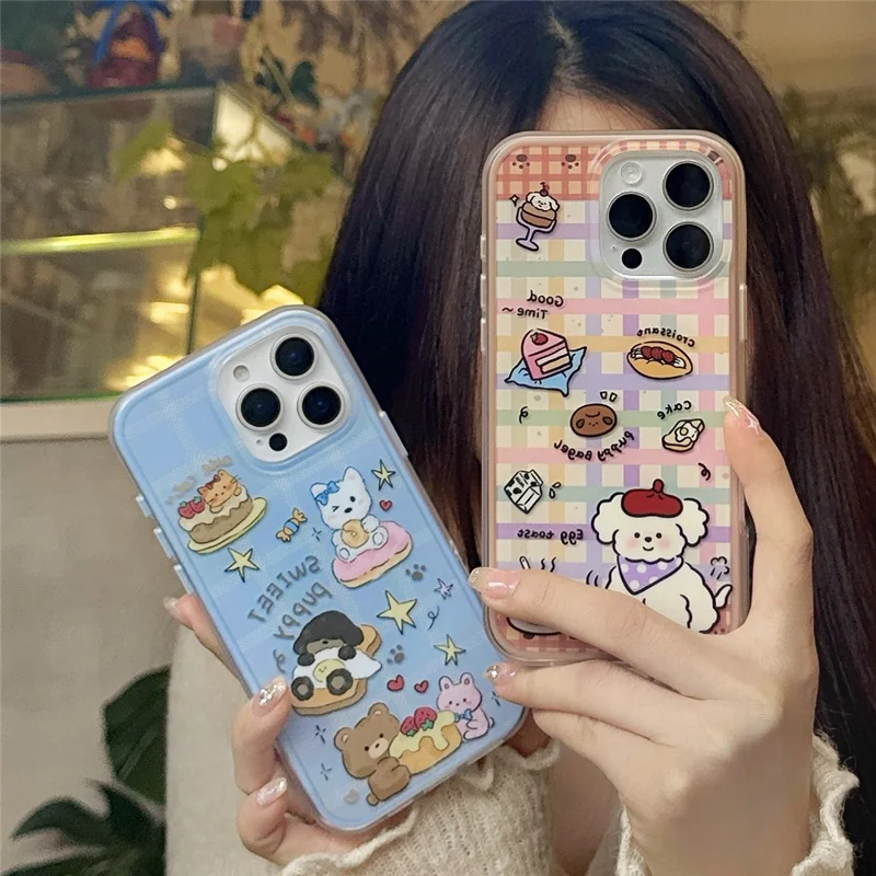 For iPhone 16 Pro Case IMD Cartoon Dog Pattern TPU Shockproof Phone Cover - Blue Plaid
