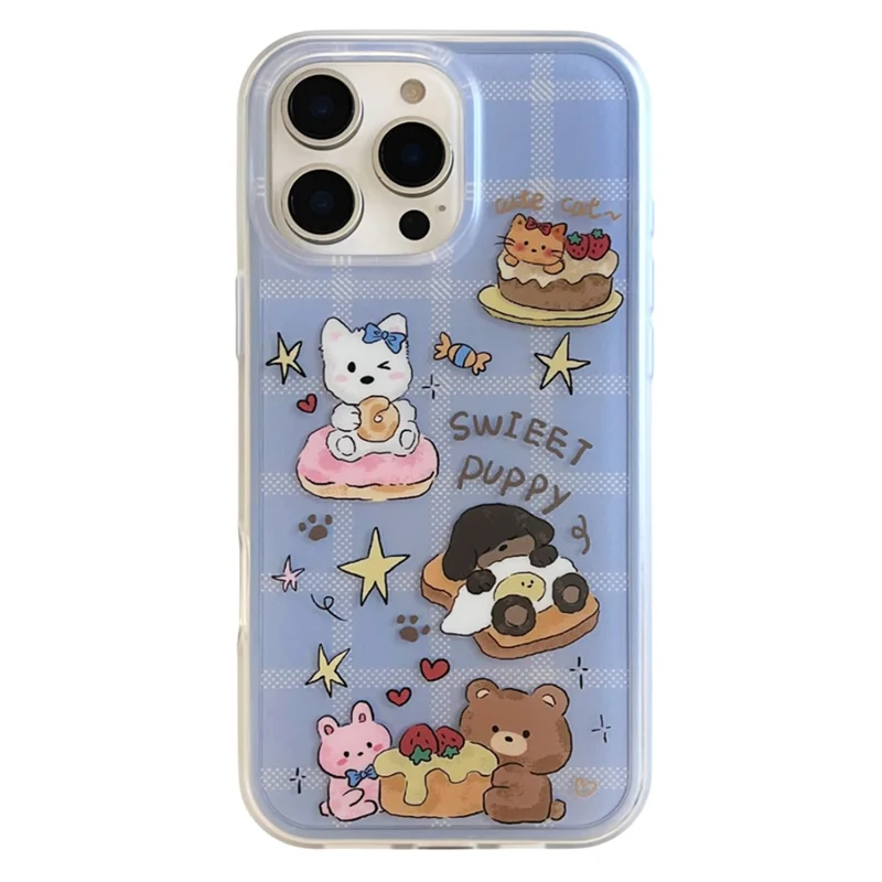 For iPhone 16 Pro Max Case IMD Cartoon Dog Pattern TPU Shockproof Phone Cover - Blue Plaid