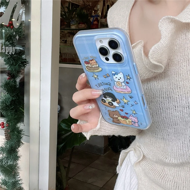 For iPhone 16 Pro Max Case IMD Cartoon Dog Pattern TPU Shockproof Phone Cover - Blue Plaid