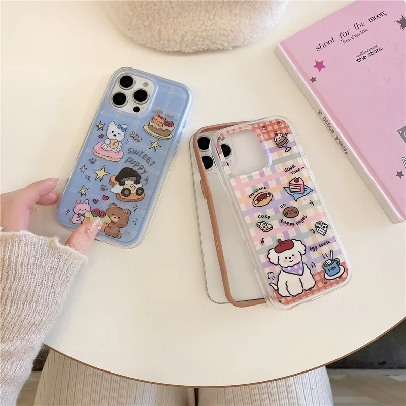 For iPhone 16 Pro Max Case IMD Cartoon Dog Pattern TPU Shockproof Phone Cover - Blue Plaid