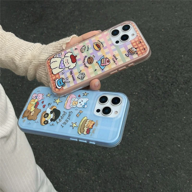 For iPhone 16 Pro Max Case IMD Cartoon Dog Pattern TPU Shockproof Phone Cover - Blue Plaid