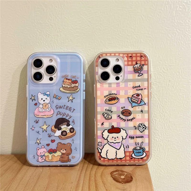 For iPhone 16 Pro Max Case IMD Cartoon Dog Pattern TPU Shockproof Phone Cover - Blue Plaid