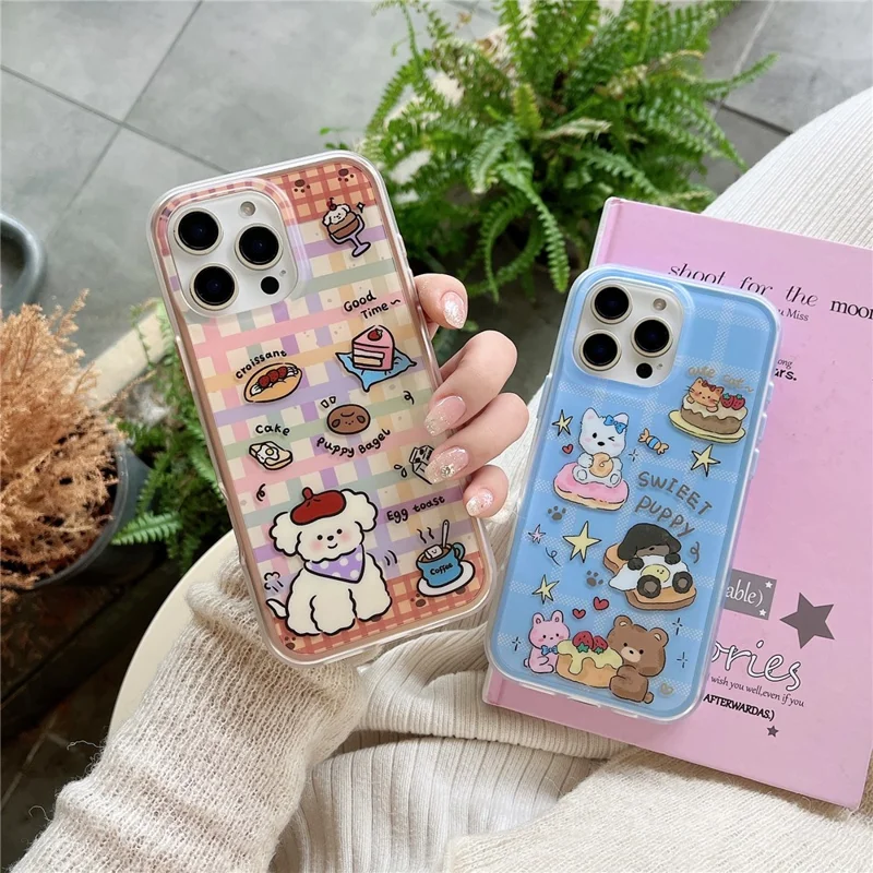 For iPhone 16 Pro Max Case IMD Cartoon Dog Pattern TPU Shockproof Phone Cover - Blue Plaid