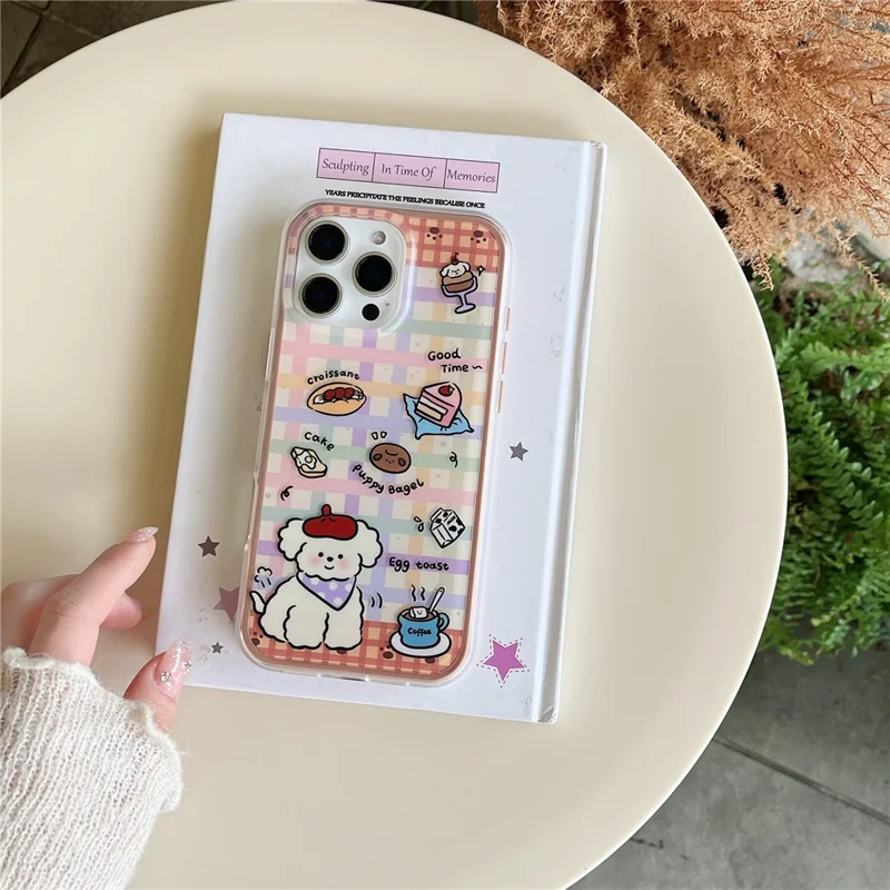 For iPhone 16 Pro Max Case IMD Cartoon Dog Pattern TPU Shockproof Phone Cover - Blue Plaid