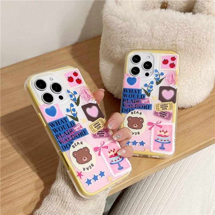 Cover per iPhone 16 Pro Max con Design di Adesivo con Orso Cartone Animato, Cover per Telefono TPU Antiurto