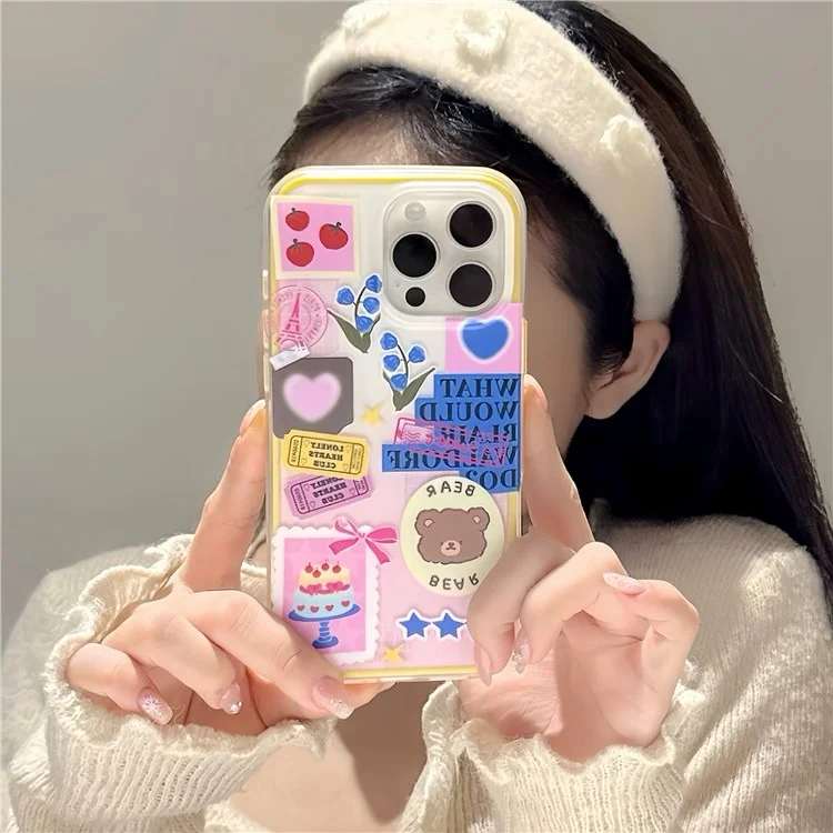 Cover per iPhone 16 Pro Max con Design di Adesivo con Orso Cartone Animato, Cover per Telefono TPU Antiurto