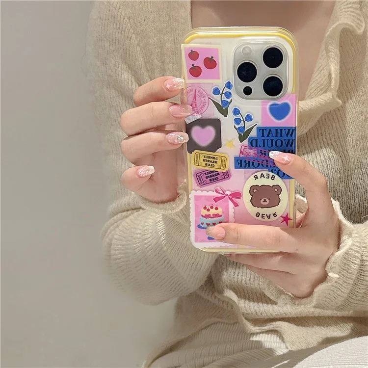 Cover per iPhone 16 Pro Max con Design di Adesivo con Orso Cartone Animato, Cover per Telefono TPU Antiurto
