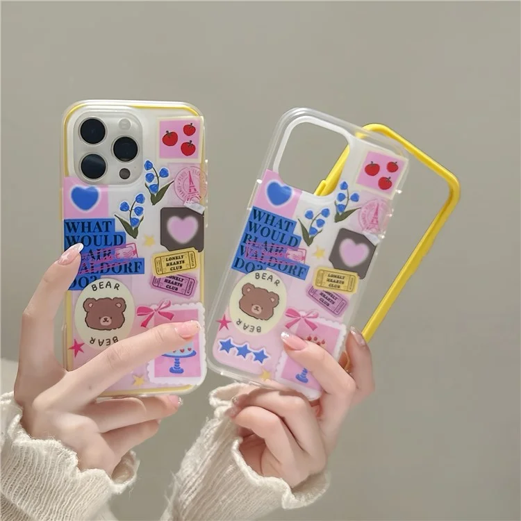 Cover per iPhone 16 Pro Max con Design di Adesivo con Orso Cartone Animato, Cover per Telefono TPU Antiurto