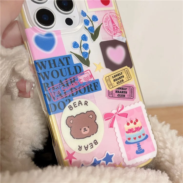 Cover per iPhone 16 Pro Max con Design di Adesivo con Orso Cartone Animato, Cover per Telefono TPU Antiurto