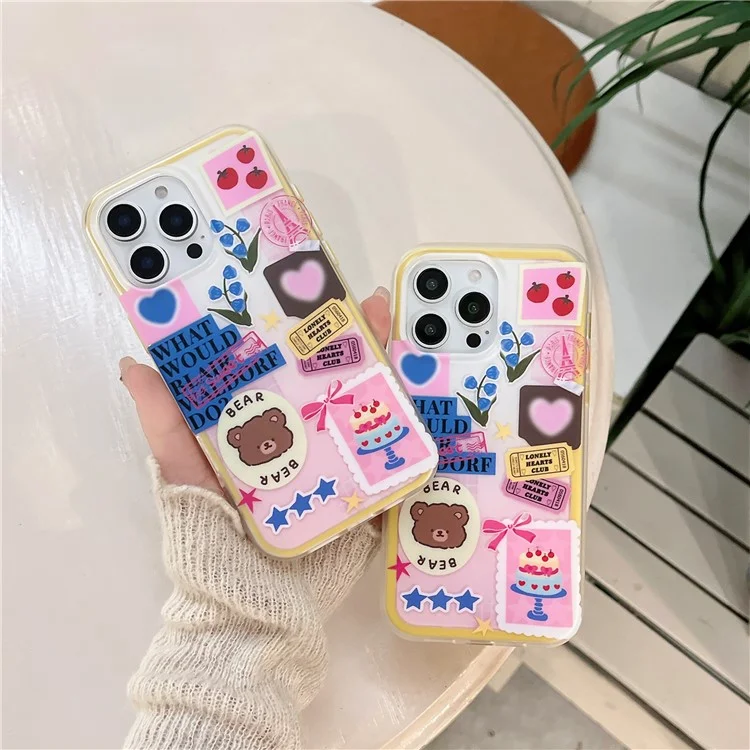 Cover per iPhone 16 Pro Max con Design di Adesivo con Orso Cartone Animato, Cover per Telefono TPU Antiurto
