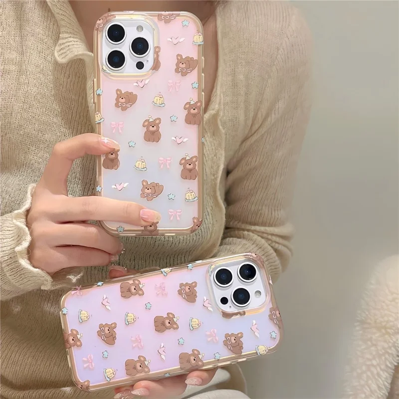 For iPhone 16 Pro Case IMD Laser Bear Design IMD Shockproof Phone Cover