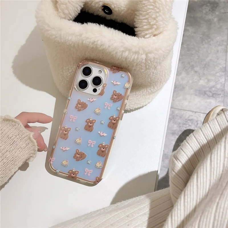 For iPhone 16 Pro Case IMD Laser Bear Design IMD Shockproof Phone Cover