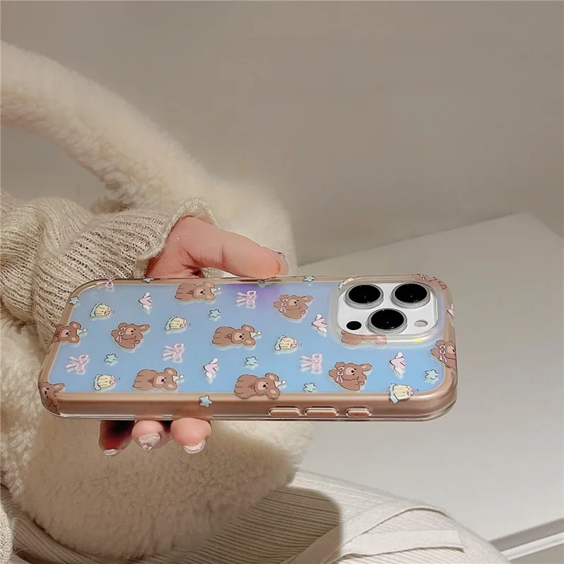For iPhone 16 Pro Max Case IMD Laser Bear Design TPU Shockproof Phone Cover