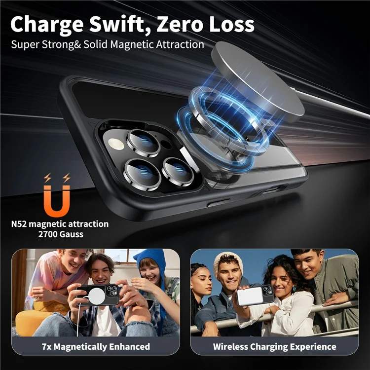 For iPhone 16 Pro Case Compatible with MagSafe Transparent PC + TPU Anti-Slip Phone Cover - Black