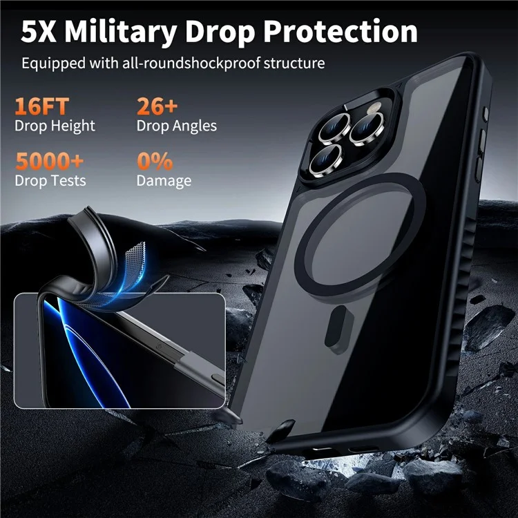 For iPhone 16 Pro Case Compatible with MagSafe Transparent PC + TPU Anti-Slip Phone Cover - Black