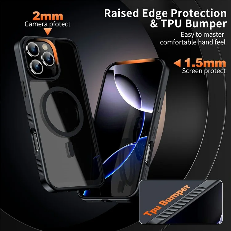 For iPhone 16 Pro Case Compatible with MagSafe Transparent PC + TPU Anti-Slip Phone Cover - Black