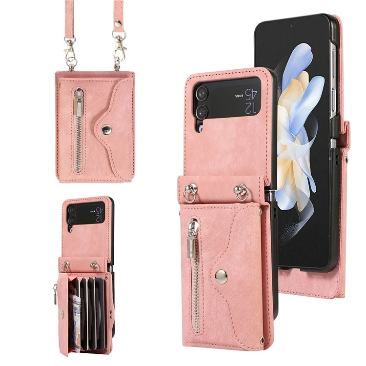 For Samsung Galaxy Z Flip4 5G Case PU Leather + TPU RFID Blocking Card Slots Phone Cover with 2 Straps - Rose Gold