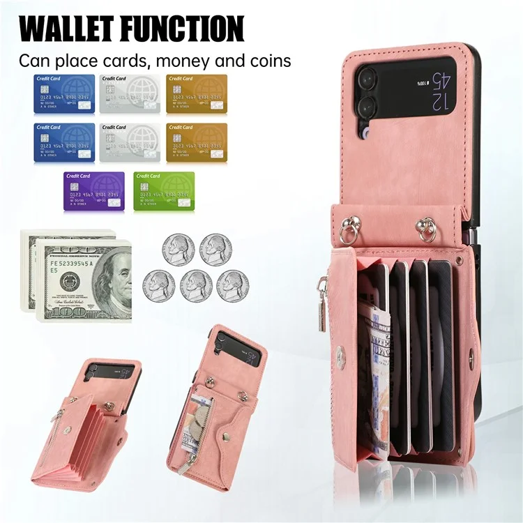 For Samsung Galaxy Z Flip4 5G Case PU Leather + TPU RFID Blocking Card Slots Phone Cover with 2 Straps - Rose Gold