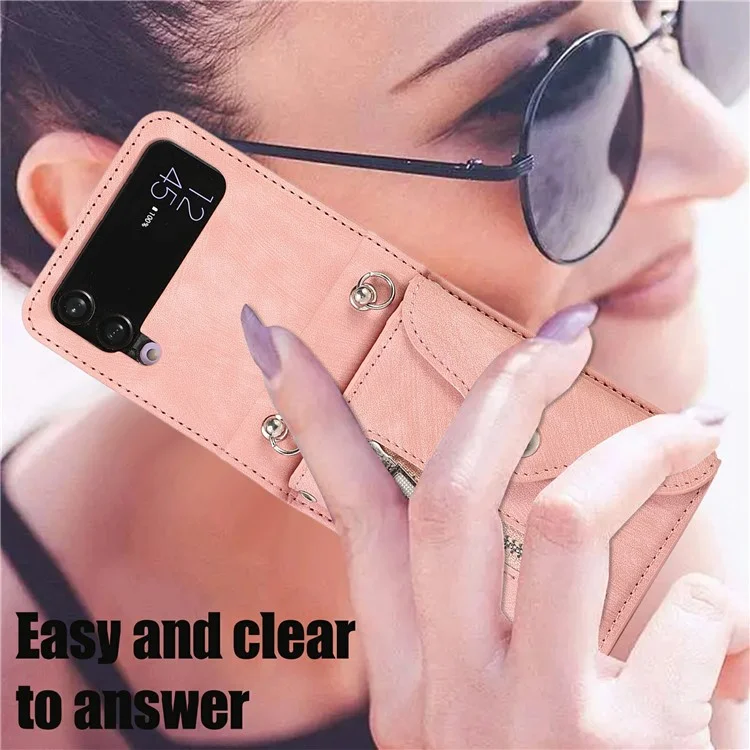 For Samsung Galaxy Z Flip4 5G Case PU Leather + TPU RFID Blocking Card Slots Phone Cover with 2 Straps - Rose Gold