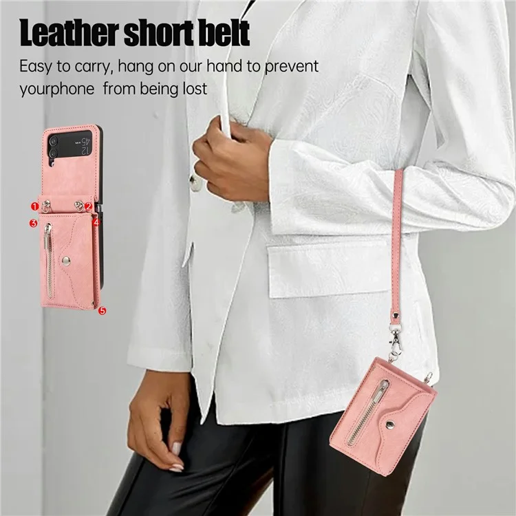 For Samsung Galaxy Z Flip4 5G Case PU Leather + TPU RFID Blocking Card Slots Phone Cover with 2 Straps - Rose Gold