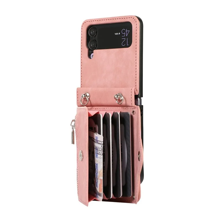For Samsung Galaxy Z Flip4 5G Case PU Leather + TPU RFID Blocking Card Slots Phone Cover with 2 Straps - Rose Gold
