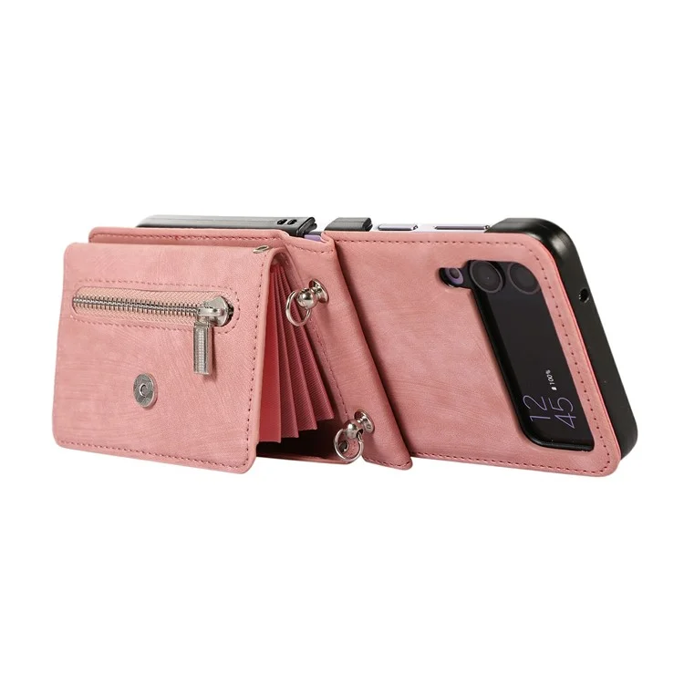 For Samsung Galaxy Z Flip4 5G Case PU Leather + TPU RFID Blocking Card Slots Phone Cover with 2 Straps - Rose Gold
