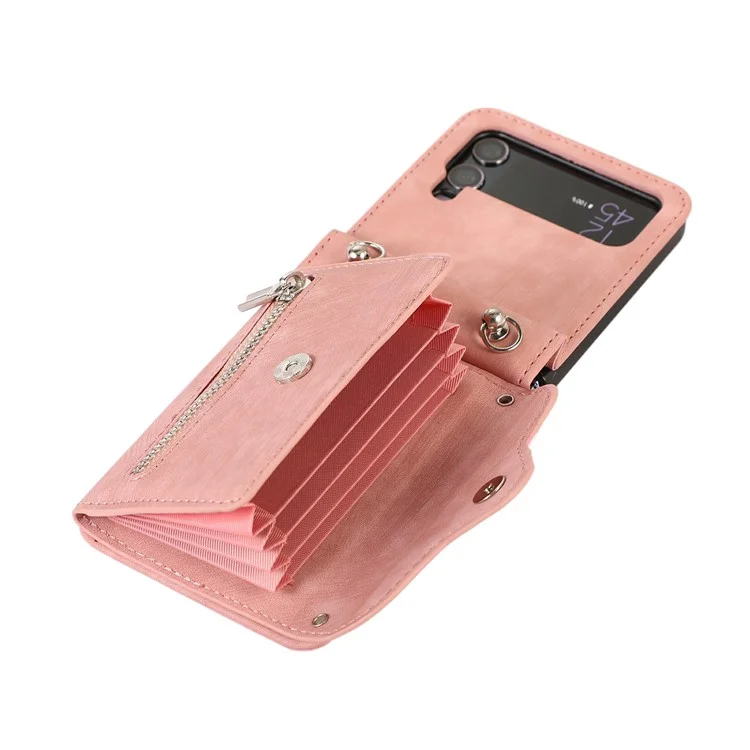 For Samsung Galaxy Z Flip4 5G Case PU Leather + TPU RFID Blocking Card Slots Phone Cover with 2 Straps - Rose Gold