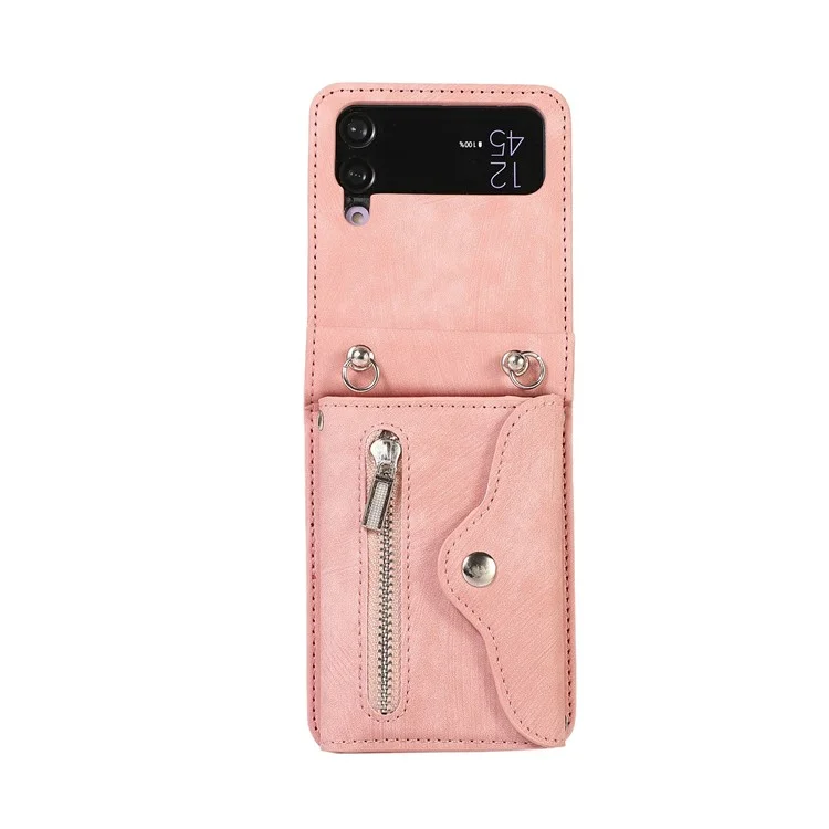 For Samsung Galaxy Z Flip4 5G Case PU Leather + TPU RFID Blocking Card Slots Phone Cover with 2 Straps - Rose Gold