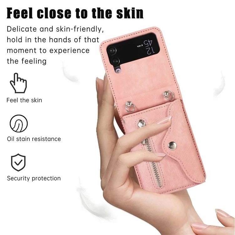 For Samsung Galaxy Z Flip4 5G Case PU Leather + TPU RFID Blocking Card Slots Phone Cover with 2 Straps - Rose Gold
