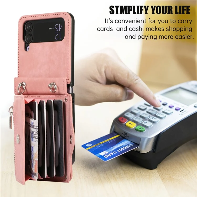 For Samsung Galaxy Z Flip4 5G Case PU Leather + TPU RFID Blocking Card Slots Phone Cover with 2 Straps - Rose Gold