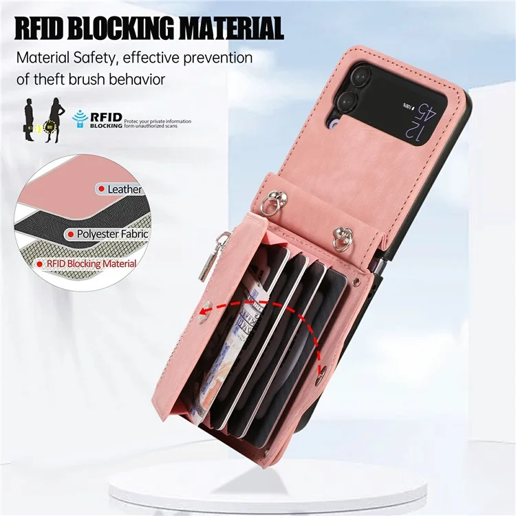 For Samsung Galaxy Z Flip4 5G Case PU Leather + TPU RFID Blocking Card Slots Phone Cover with 2 Straps - Rose Gold