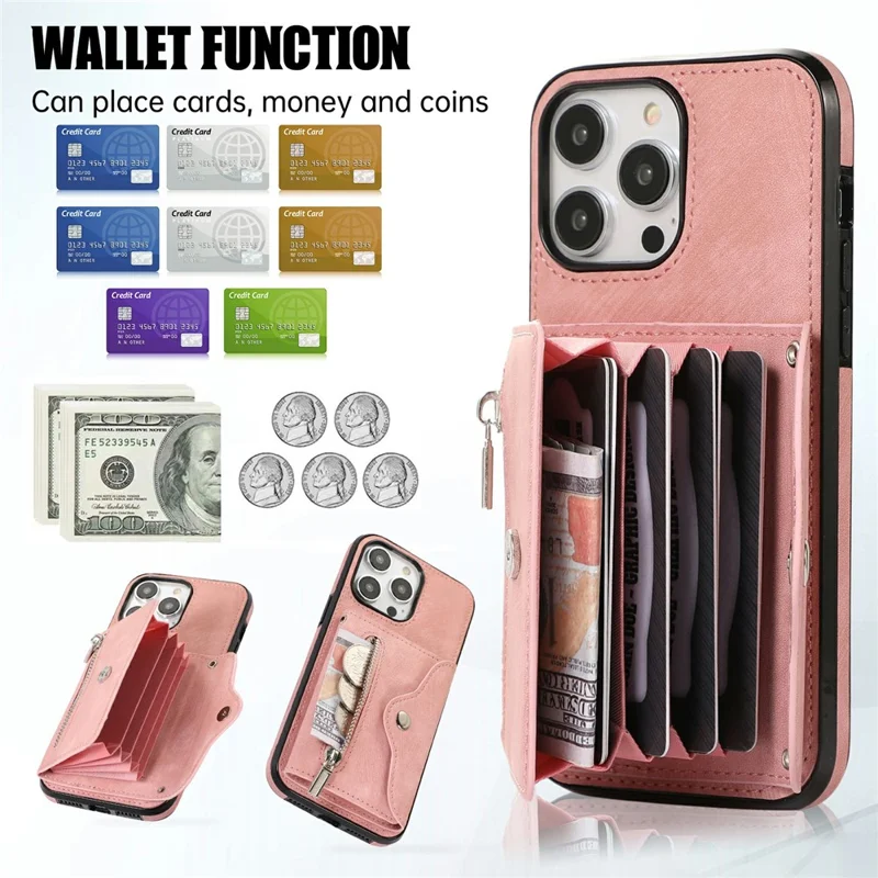 For iPhone 16 Pro Max Cell Phone Case PU Leather+TPU RFID Blocking Card Slots Cover with 2 Straps - Rose Gold