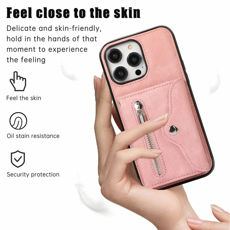 For iPhone 16 Pro Max Cell Phone Case PU Leather+TPU RFID Blocking Card Slots Cover with 2 Straps - Rose Gold