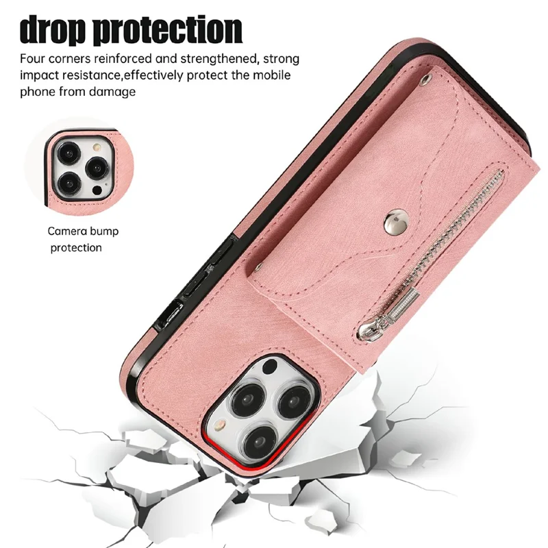 For iPhone 16 Pro Max Cell Phone Case PU Leather+TPU RFID Blocking Card Slots Cover with 2 Straps - Rose Gold