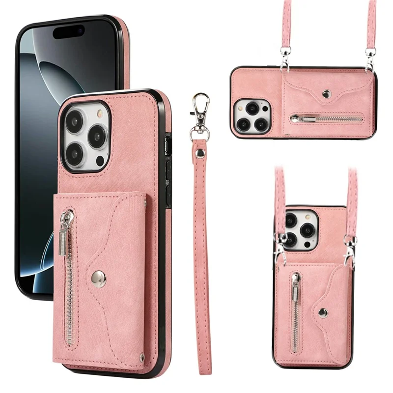 For iPhone 16 Pro Cell Phone Case PU Leather + TPU RFID Blocking Card Slots Cover with 2 Straps - Rose Gold