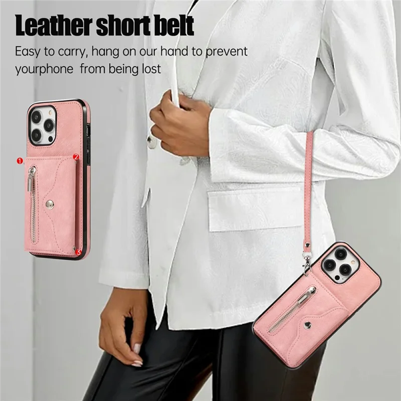 For iPhone 16 Pro Cell Phone Case PU Leather + TPU RFID Blocking Card Slots Cover with 2 Straps - Rose Gold