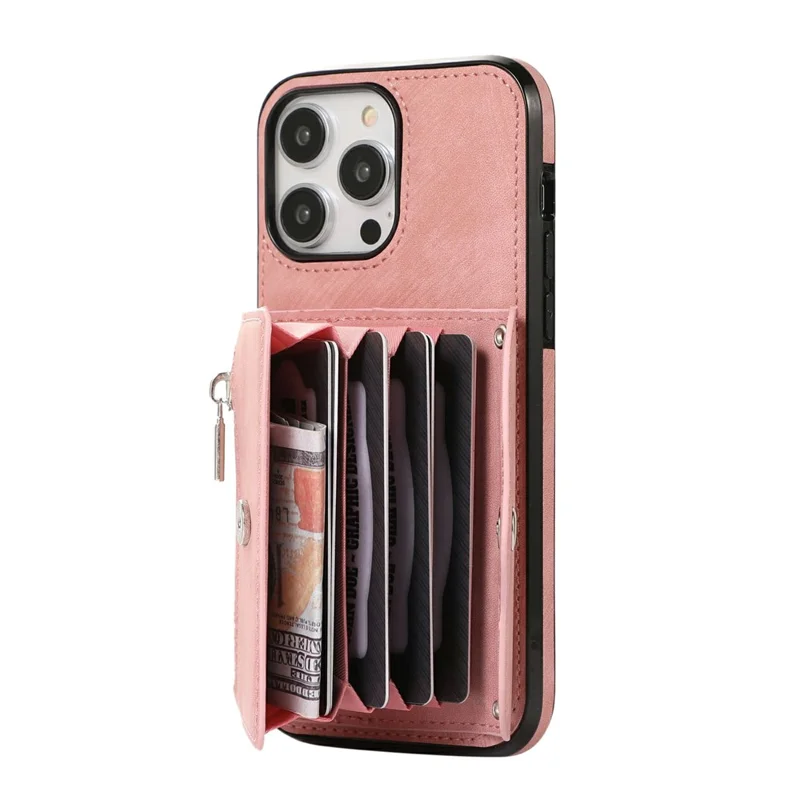 For iPhone 16 Pro Cell Phone Case PU Leather + TPU RFID Blocking Card Slots Cover with 2 Straps - Rose Gold