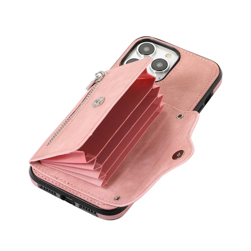 For iPhone 16 Pro Cell Phone Case PU Leather + TPU RFID Blocking Card Slots Cover with 2 Straps - Rose Gold
