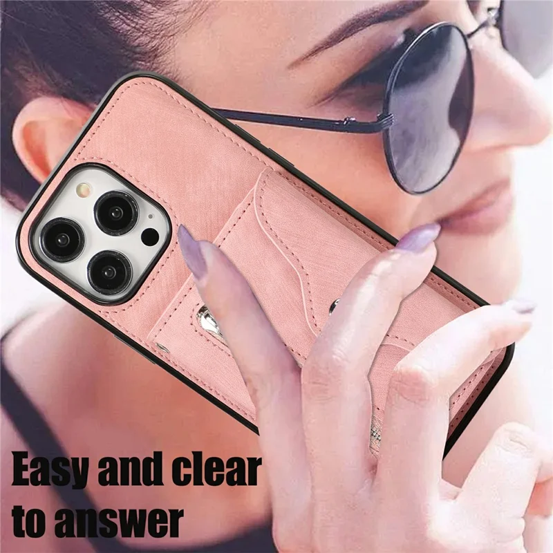 For iPhone 16 Pro Cell Phone Case PU Leather + TPU RFID Blocking Card Slots Cover with 2 Straps - Rose Gold