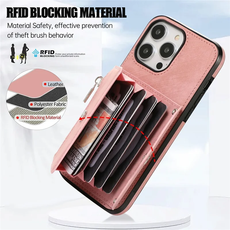 For iPhone 16 Pro Cell Phone Case PU Leather + TPU RFID Blocking Card Slots Cover with 2 Straps - Rose Gold