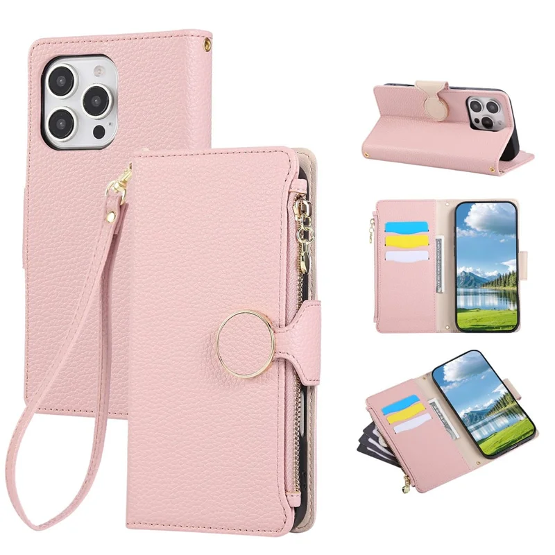 For iPhone 16 Pro Case Zipper Wallet Leather Phone Cover with Wrist Strap - Pink