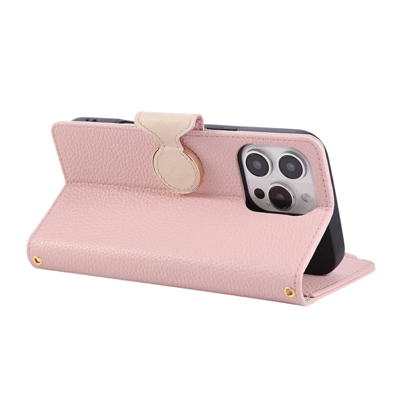 For iPhone 16 Pro Case Zipper Wallet Leather Phone Cover with Wrist Strap - Pink