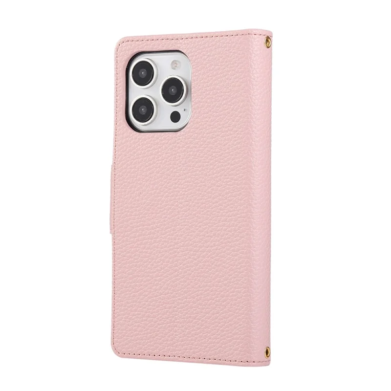 For iPhone 16 Pro Case Zipper Wallet Leather Phone Cover with Wrist Strap - Pink